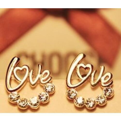 Cheap Korean fashion cute shiny imitation diamonds LOVE earrings jewelry wholesale women free shipping