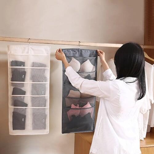 Double-sided Hanging Bag Folding Clothing Storage Bag Clear Socks Bra Underwear Rack Hanger Storage Bags Organizer For Wardrobe