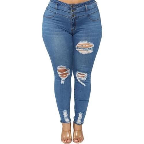 2020 New Fashion High Waist Hole Jeans Women Spring Autumn Plus Size Denim Pencil Pants Water Wash Sexy Casual Trousers KW247