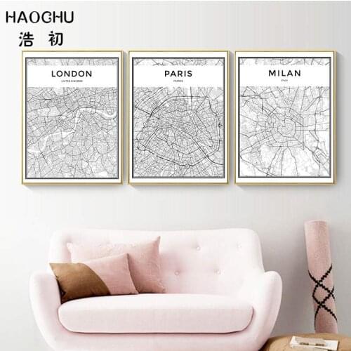 HAOCHU World City Map Paris London New York Poster Nordic Living Room Black & White Wall Art Picture Home Decor Canvas Painting