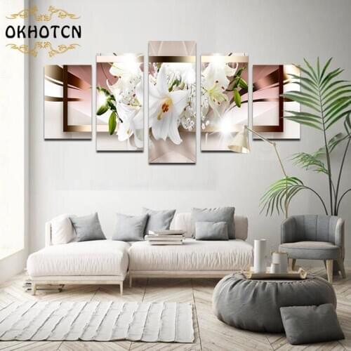 HD Print Flowers Canvas Painting Wall Art Lily Poster 5 Panels Modular Painting Living Room Background Wall Decor Home Decor