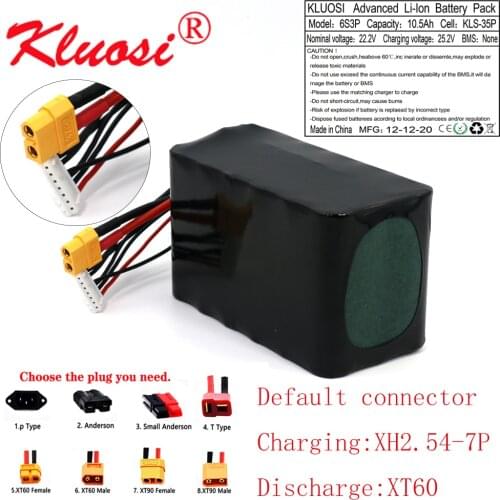 KLUOSI 6S3P 24V 10.5Ah 10Ah 25.2V High Capacity UAV Rechargeable Li-ion Battery for Various RC Airplane Quadrotor XH2.54-4P XT60