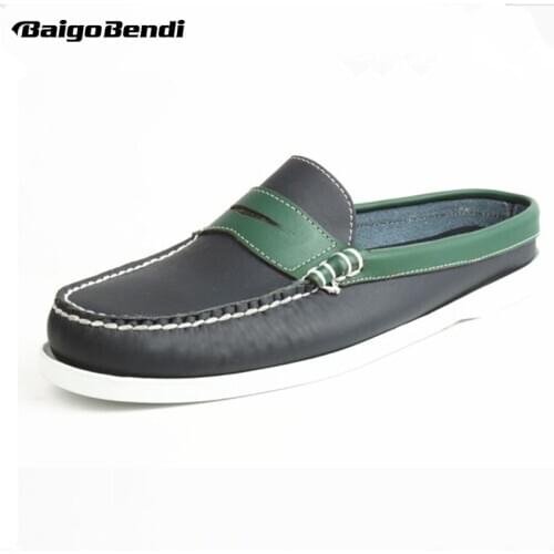 Summer US6-11 EUR Size 45 REAL Leather Casual SLIP-ON Men Penny Loafer Leather Mules Open Back Slippers Casual Beach Shoes