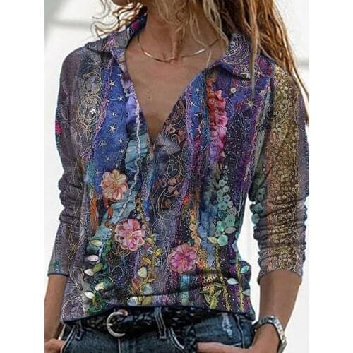 Fashion Top Vintage Long Sleeve Shirt and Blouse Plus Size Womens Tops Elegant Loose Tee Landscape Print Shirts Casual Blouses