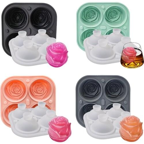 Summer 4 Grids Silicone Rose Ice Cube Tray Set Chocolate Mould Ice Cream Mold Whiskey Bar Cold Drink Tool With Funnel-Shaped Lid