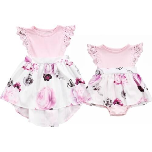 Matching Sister Outfits Kids Dress Baby Romper Summer Baby Girls Clothing Lace Fly Sleeve Flower Casual Dress Kids Clothes