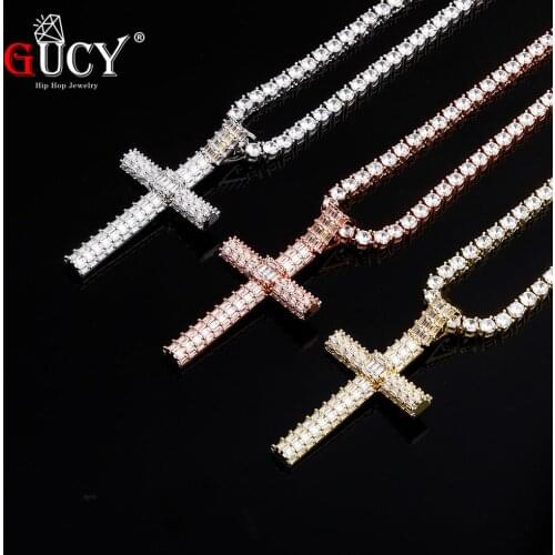 GUCY Round Baguette Cross Pendant Necklace With 4mm Tennis Chain AAA Cubic Zircon Mens Women Hip Hop Rock Jewelry For Gift