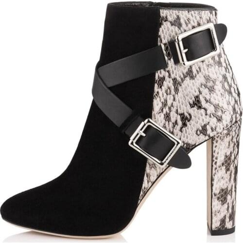 Sexy Women Multi Leather Patched Metal Buckle Belt Fasten Ankle Boots Chunky High Heels Pointed toe Fringed Botines Big size 44