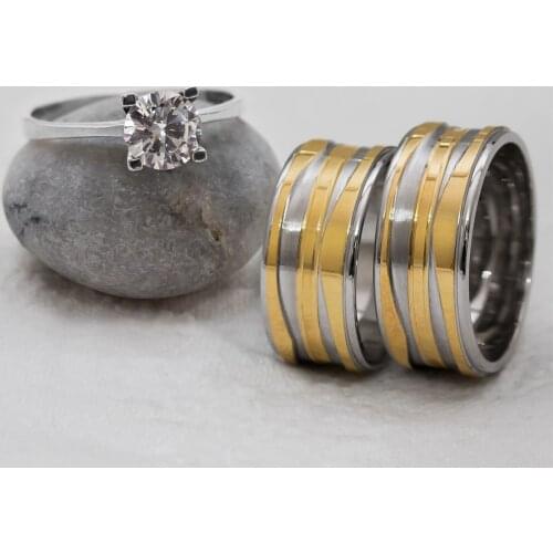 Flat Stripe Golden Color Pass Double Silver Wedding Ring (Engagement Gift)