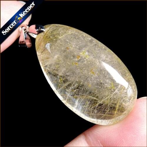 Genuine Natural Gold Rutilated Quartz Crystal Cabochon Setting Necklace Pendant Stone Beads for DIY Jewelry Making SS861