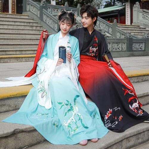 Gradual change womens dress lovers Linghu embroidery straight body cross neck long shirt Ru skirt three piece set