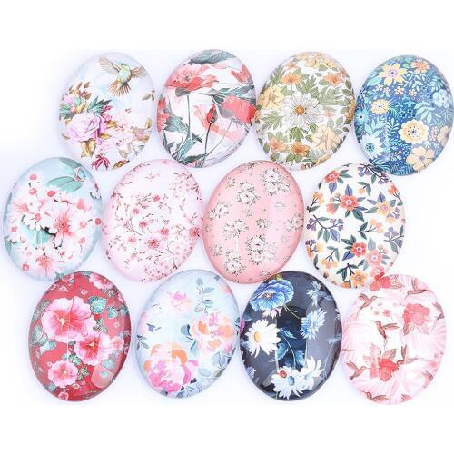 Reidgaller Mix Flower Bird Photo Oval Glass Cabochon 18x25mm 30x40mm 13x18mm Diy Flatback Handmade Jewelry Accessories