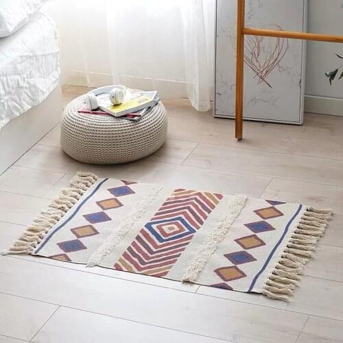 Hand Woven Cotton Linen Tassel Carpet Bedside Foot Pad Home Geometry Rug for Bedroom Tea Table Office Balcony Decor Floor Mat