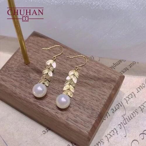 CHUHAN Real 18k Gold Natural Freshwater Pearl Drop Earrings Wheat Ears Shape Au750 Ear Hook Banquet Fine Jewelry For Woman Gifts