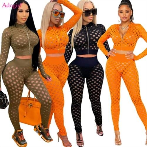 Adogirl Holes Skinny Two Piece Set Women Sexy See Through Hollow Out Tracksuit Zipper Long Sleeve Short Coat Pencil Pants Suits