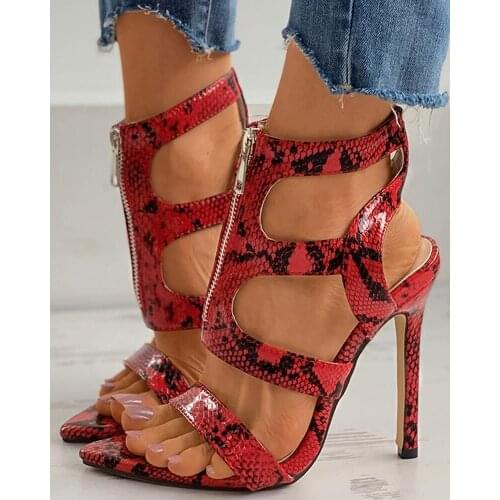 Sexy Ladies Snake Skin Front Zipper Thin High Heels Sandals Women Peep Toe Summer Zapatos Party Wedding Stiletto Shoes Woman