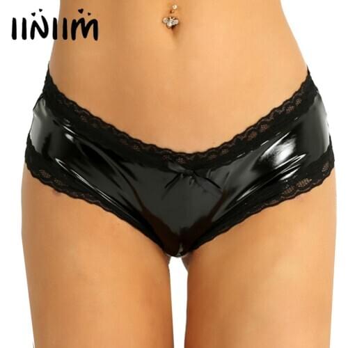 UK STOCK Womens Lingerie Wet Look Sexy Panties Patent Leather Lace Trim Edge Open Crotch V-Back Hollow Out Mini Briefs Underwear