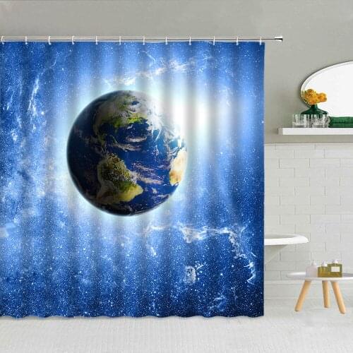 Blue Earth Starry Sky Shower Curtain Space Planet Night Scenery Bathroom Decor Bath Screen Waterproof Fabric Curtains With Hooks
