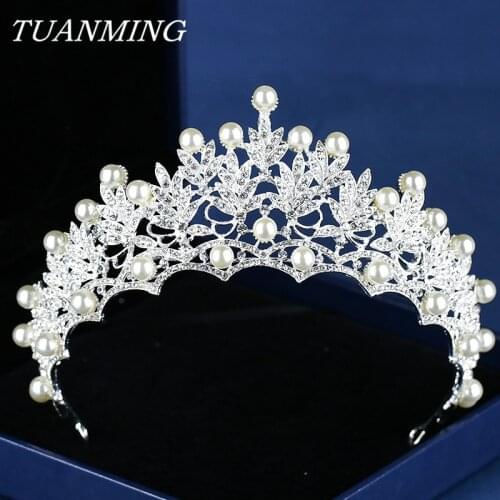 Bride Pearl Crown Tiaras Headbands Queen Wedding Headdress Luxury Baroque Crown Hair Wedding Accessories