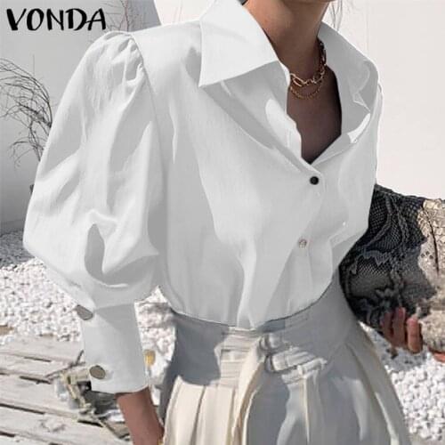 Women'Tunic Casual Solid Tops OL Style Lapel Neck Office Ladies Blouse 2021 VONDA Female Sexy Party Blusas Femininas