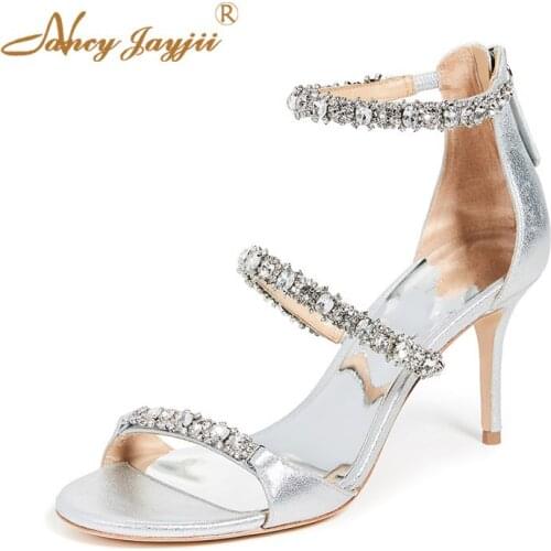 Sliver Crystal Wedding Sandals Woman Footwear High Stilettos Open Toe Zipper Large Size 11 13 Mature Elegant 2019 Customization