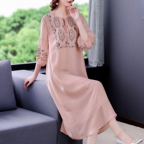 Summer Embroidery Solid Mulberry Silk Midi Dress 2021 Casual Pink 4XL Plus Size Chiffon Dress Women Elgant Bodycon Party Vestido