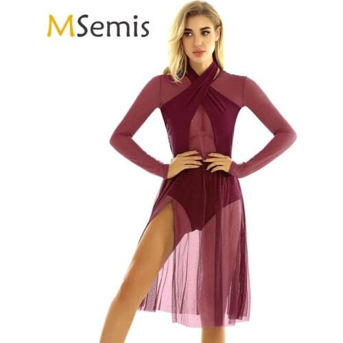 Women Adults Halter Neck Long Sleeves See Through Sheer Mesh Top Bodice Leotard Dress for Lyrical Modern Contemporary Dance