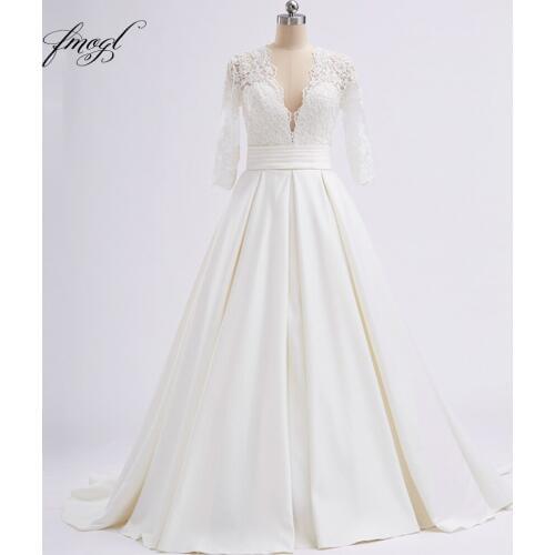 Fmogl Vestido De Noiva Long Sleeve A Line Wedding Dress 2021 Sexy Deep V Neck Chapel Train Appliques Bridal Gown Plus Size