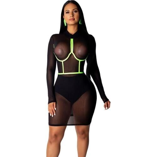 Women Night Party Club Dress Sexy Mesh Sheer Neon Color Splice Striped Bodycon Dress Autumn Long Sleeve See Though Mini Dress