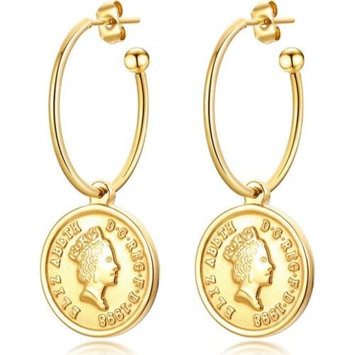 Gold Geometric Round Elizabeth Coin Dange Earrings for Woman Girl Stainless Steel Festival Trendy Jewelry