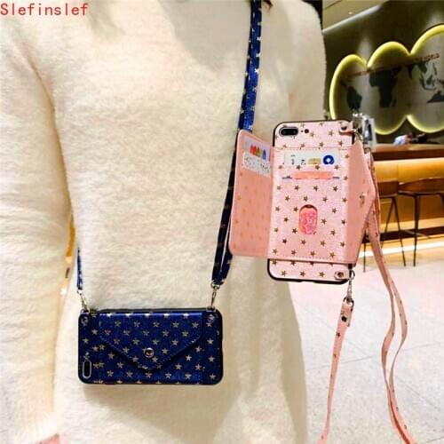 Starry Sky Star Wallet Card Holder Bracket Lanyard Leather Case For iPhone 11 Pro Xs Max XR SE 2020 8 plus Crossbody Phone Case
