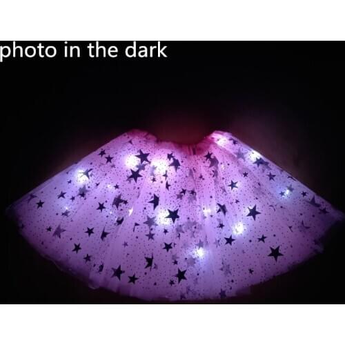 2021 New Mesh Ribbon Light-emitting LED Childrens Skirt Stage Dance Performance Festival Party Big Star Print Pink