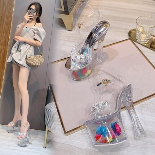 2021 Women Summer 18cm High Heels Sexy Fetish Stripper Sandals 7cm Platform Transparent Crystal Pumps Plus size Prom Party Shoes