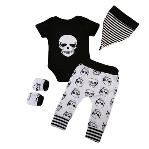 4Pcs/Set 0-18M Baby Halloween Clothing Short Sleeve Skull Printed Black Romper Top White Pants Hat Gloves Fashion Outfit Set