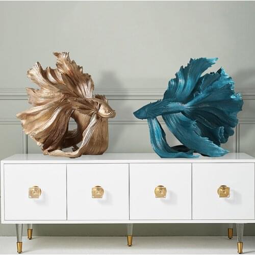 63cm Gold Blue Floor Guppy Statue Decoration Home Living Room Resin Crafts Creative Betta Hotel Window Wall Decor