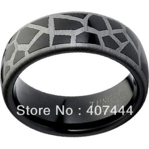 Free Shipping High Polished Domed Designer Laser Engraved Giraffe Pattern Black Tungsten Carbide Comfort Fit Wedding Band Ring