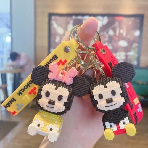 Disney Minnie Keychain Creative Cartoon Imitation Building Blocks Mickey Mouse Key Chain Couple Bags Car Keyring Pendant Gifts