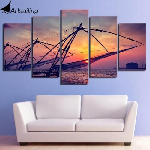 HD printed 5 piece canvas art dusk bay sailing boats painting wall pictures for living room modern free shipping CU-2036A