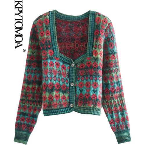 KPYTOMOA Women 2020 Fashion Jacquard Cropped Knitted Cardigan Sweater Vintage Square Collar Button-up Female Outerwear Chic Tops