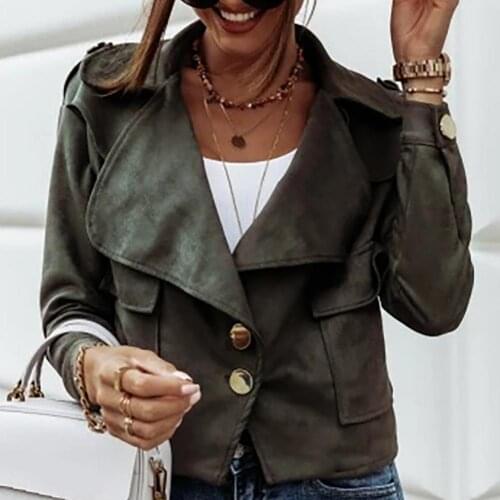 Fashion Women Autumn Winter Solid Color Suede Pockets Button Short Loose Outwear Motorcycle Biker Punk Streetwear Jackets Coat
