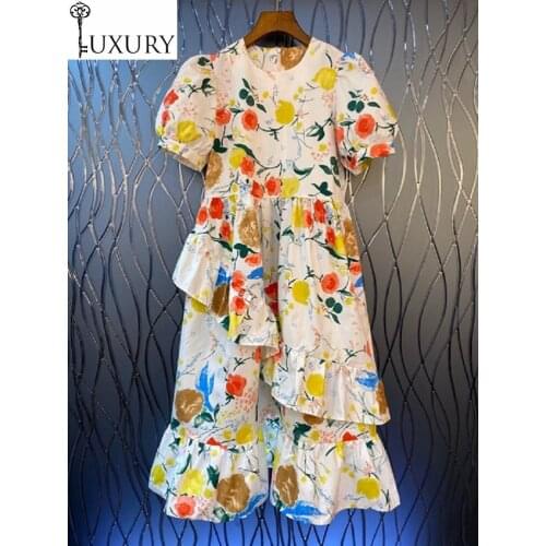 Cute 2020 Summer Sweet Fashion Style Ladies Colorful Flower Print Short Sleeve Mid-Calf Length Cascading Ruffle Dress Chic