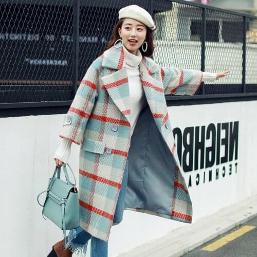New Spring Autumn Loose Lapel Plaid Long-sleeved Coat Womens Clothing Wool Jacket Blend Woolen Warm Female Outerwear