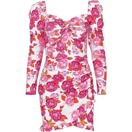 New Stylish Women Dress Floral Print Lacework Sexy Ladies Low Neck Long Sleeve tight Dress for Club Streetwear