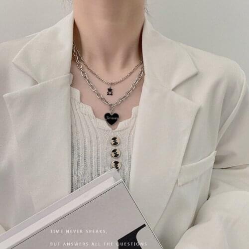 Little Bear Necklace Woman Heart Necklaces Ladies Letter Multilayer Pendant Fashion Chain All-match Silver Color Metal Brincos
