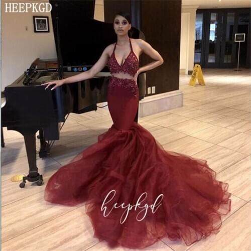 Sexy 2 Piece Prom Dresses Chic Beading Appliques Backless Mermaid Black Girls Graduation Dress Plus Size Women Party Gowns