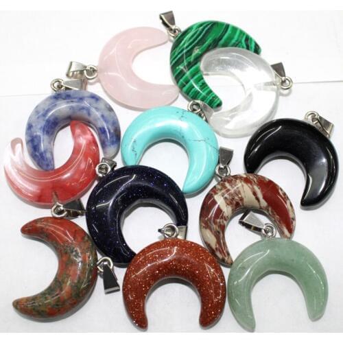 12pcs Fashion Vintage Natural Stone crystal Big Horn Shaped Crescent Moon pendant for DIY Jewelry Making Accessories 30*24mm