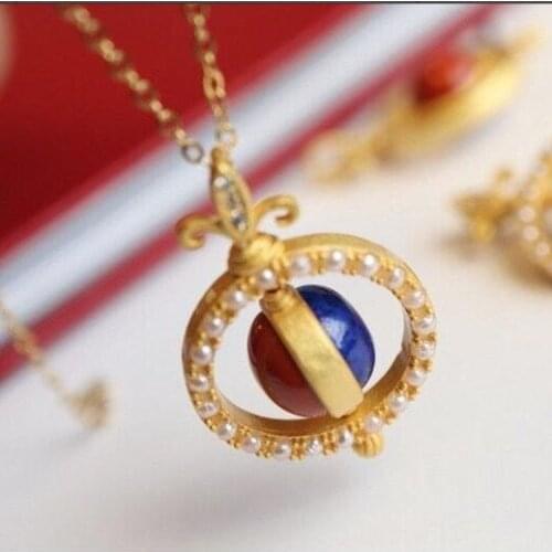 Natural South Red Agate Rotating Planet Pendant Female S925 Ancient Sterling Silver Golden Lapis Lucky Couple Necklace