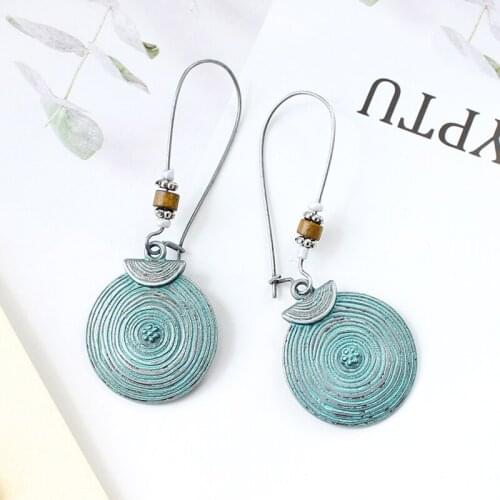 Classic Fashion Easy Matching Jewelry Threaded Boho Blue Tree Ring Large Disc Carved Simple Female Pendant Earrings For Holiday