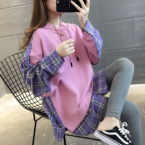 Medium and long fake two-piece hooded pullover color matching stitching plaid sweater womens 2020 foreign style Joker coat tide