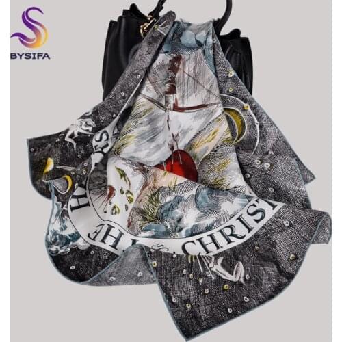 BYSIFA|Grey White Women Pure Silk Scarf 65*65cm Fashion Brand Letters Square Scarves Printed Elegant Ladies Accessories Scarf